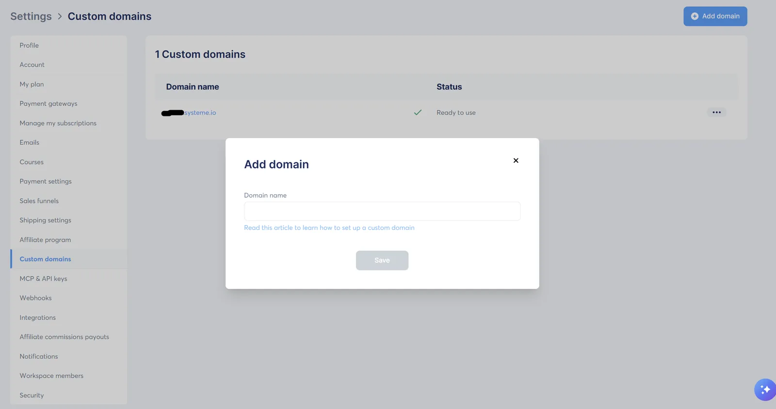 Systeme.io custom domain settings on the free plan showing one domain slot and the add domain form
