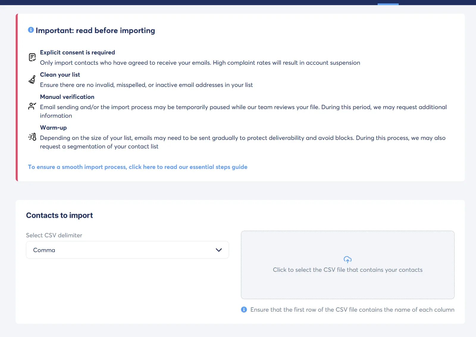 Systeme.io contact import screen listing consent, manual review, and warm-up requirements