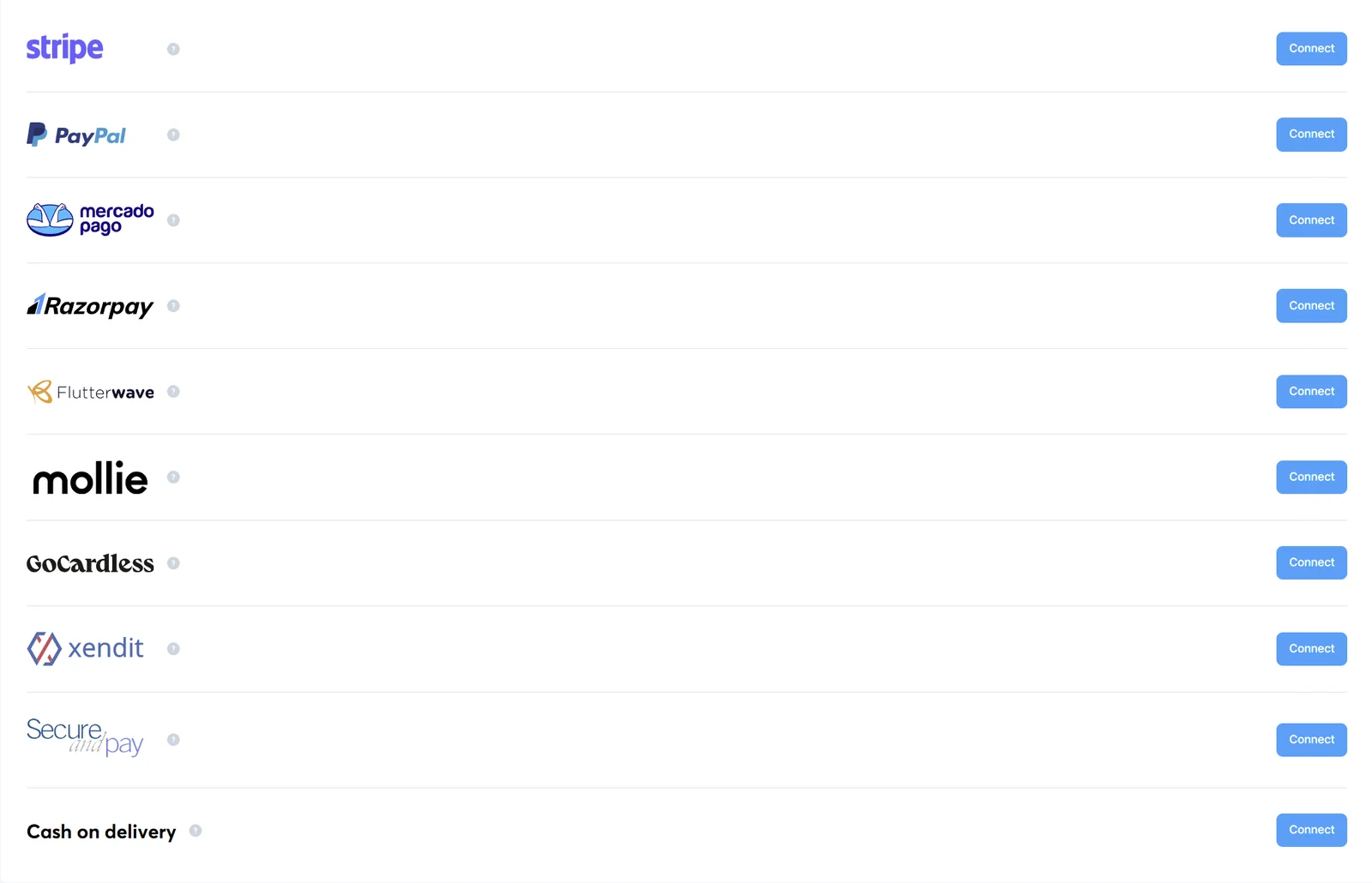 Systeme.io payment gateway settings listing Stripe, PayPal, Mercado Pago, Razorpay, Flutterwave, Mollie, GoCardless, Xendit and more