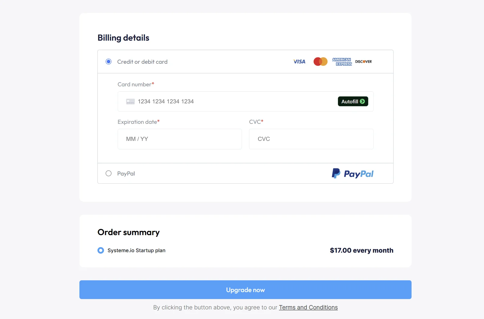Systeme.io Startup plan checkout showing billing details and an order summary of 17 dollars every month
