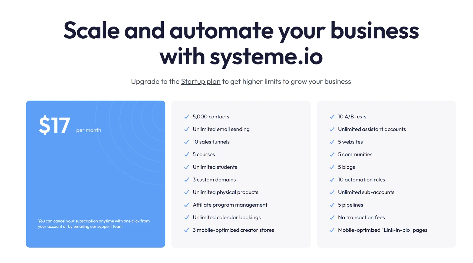 Systeme.io Startup upgrade offer listing 17 dollars per month with no transaction fees among the features